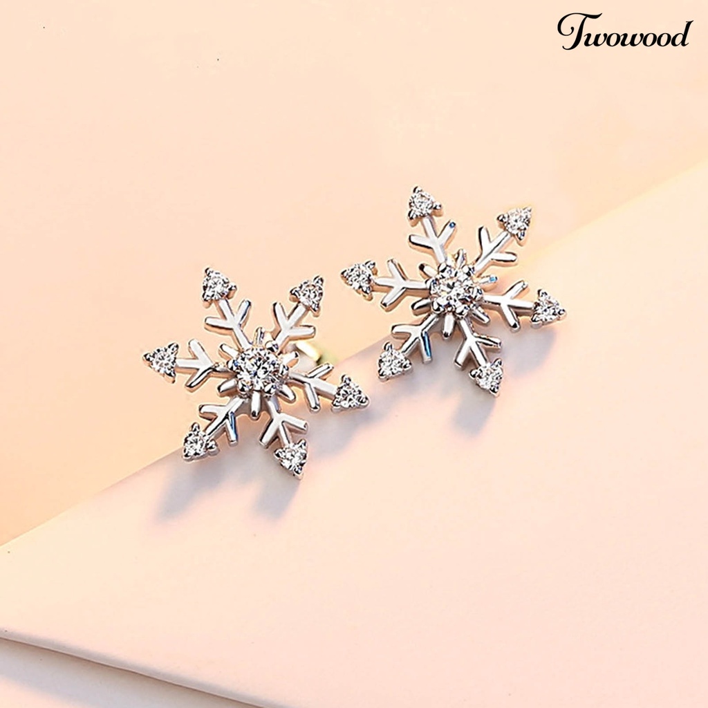 Twowood 1pasang Ear Studs Elegan Geometris Berlian Imitasi Mengkilap Hias Berkilau Berdandan Hadiah Natal Wanita Snowflake Stud Earrings Perhiasan Pakaian Sehari-Hari