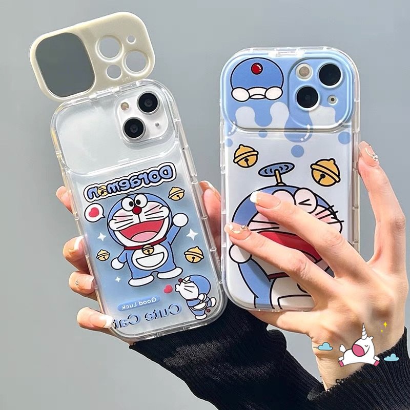 IPHONE Flip Make Up Mirror Case Lucu Kartun Kucing Doraemon Phone Cover Kompatibel Untuk Iphone11 13 12 14 Pro MAX XR 7 8 14 Plus X XS MAX SE 2020 Shockproof Soft TPU Case Casing