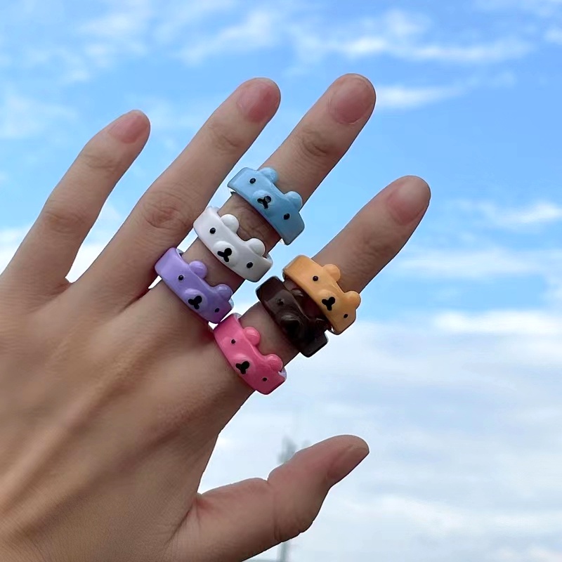 Papaozhu Indah Beruang Warna-Warni Katak Cincin Untuk Wanita Gadis Anak Trendi Kartun Resin Stackable Rings Persahabatan Pasangan Jari Ornamen