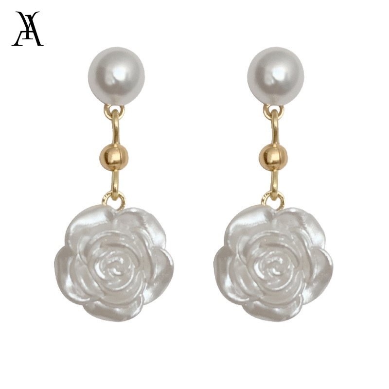 AY(CN) Anting Tusuk Gantung Desain Bunga Camellia Putih Hias Mutiara Untuk Wanita