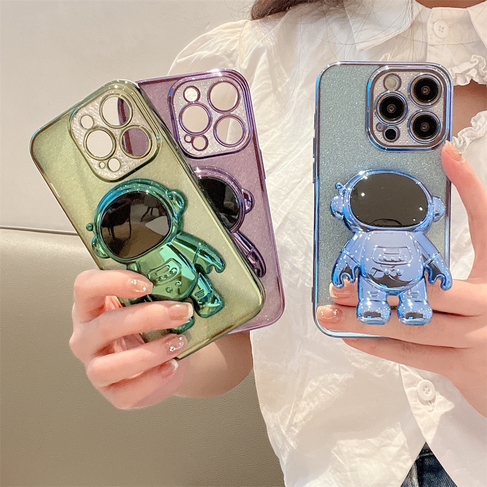 Kartun Astronot Plating Glitter Case Untuk iPhone 14 Pro Max13 12 11 X Xr Xs 7 8 14 Plus Braket Berlian Stand Bling Soft Cover