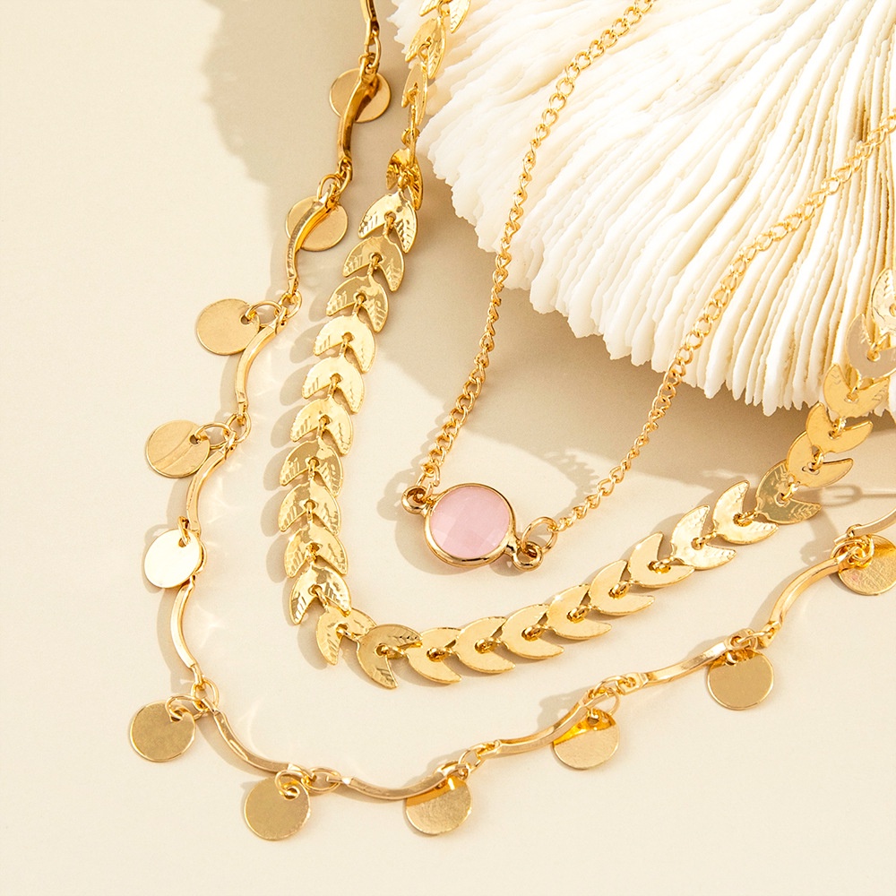 Fashion Elegan Individualitas Mode Lingkaran Daun Rumbai Merah Muda Permata Kalung Kerah Rantai Tiga Potong Set