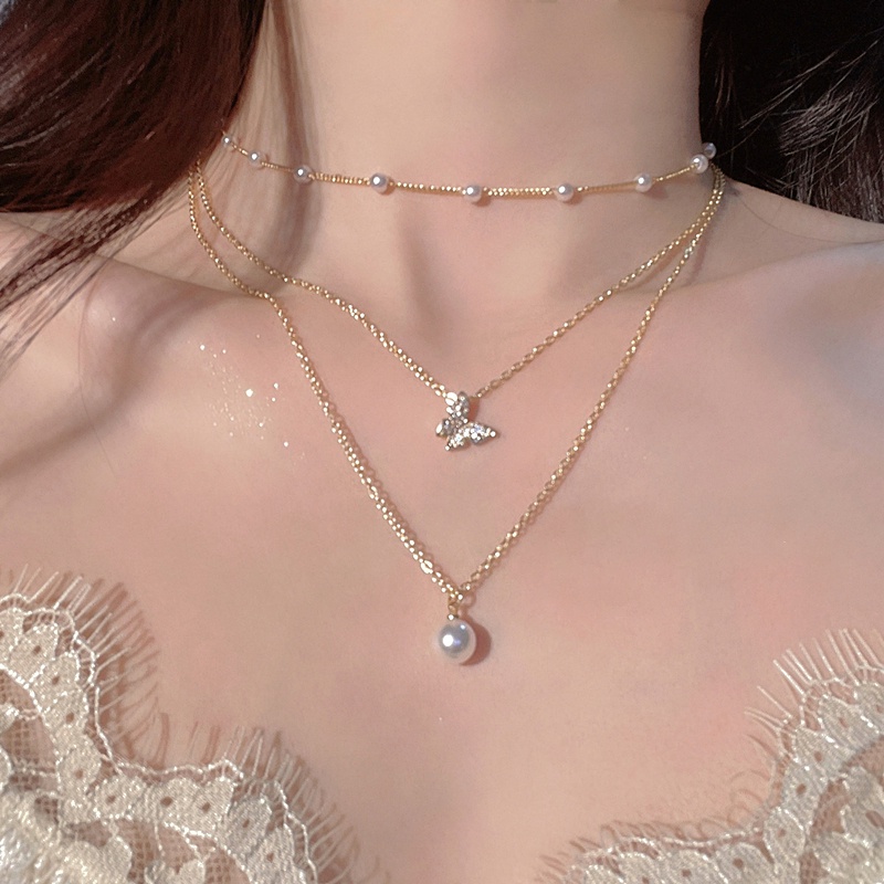 AY(CN) Butterfly Kalung Choker Rantai Emas Multilayer Dengan Liontin Kupu-Kupu Aksen Mutiara Untuk Wanita