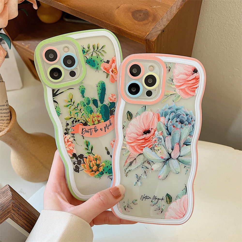 IPHONE Casing Bunga Kompatibel Untuk Iphone11 13 14 13 Pro MAX IPhone7 8plus 6s Plus XR 14 Plus XS MAX SE Fashion Sukulen Tanaman Kaktus Bunga Lembut Bening Bergelombang Case Shockproof Cover BY