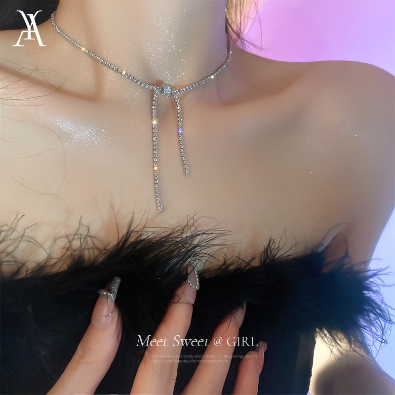 AY(CN) Kalung Rumbai Zircon Mewah Choker Rantai Kristal Busur Silver Untuk Aksesoris Perhiasan Wanita