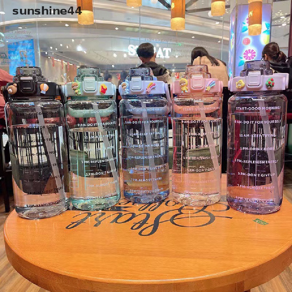 Sunshine Botol Air 2liter Dengan Sedotan Female Jug Gadis Botol Travel Portabel Kebugaran Sepeda Cangkir Musim Panas Dingin Water Jug Dengan Penanda Waktu ID