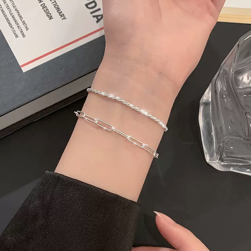 Papaozhu Indah Bersinar Perak Sequin Link Rantai Gelang Untuk Wanita Perempuan Chic Berkilau Berongga Geometris Gelang Trendi Aksesoris Tangan