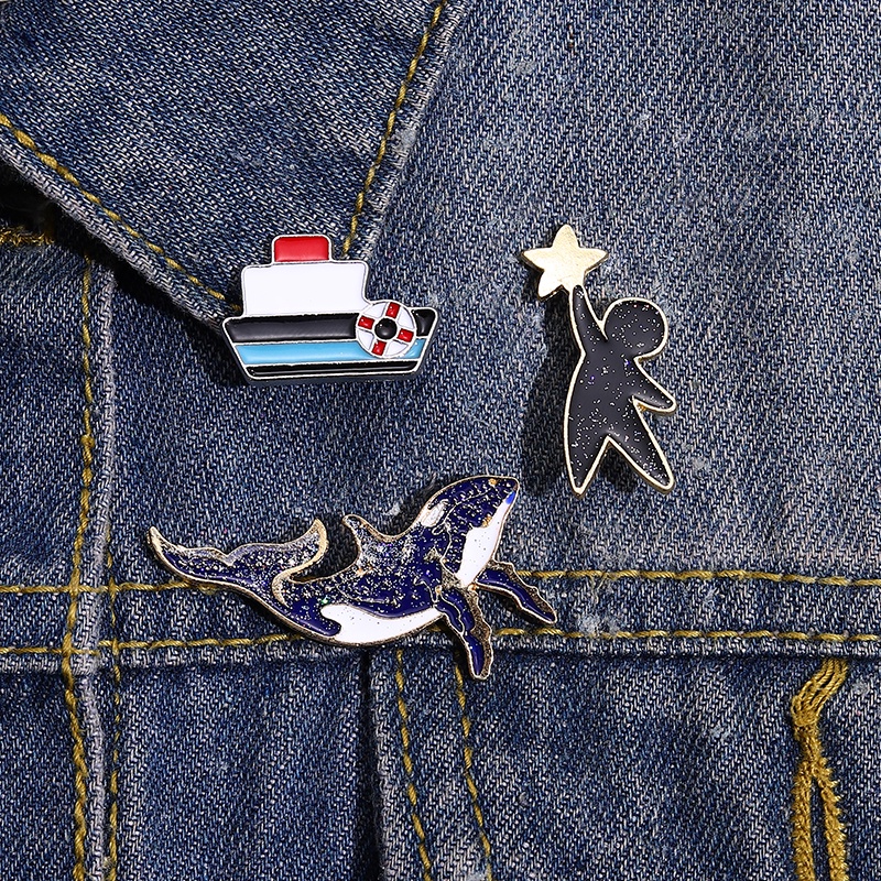 Perahu Paus Enamel Pin Bintang Hewan Lencana Logam Bros Wanita Anak Hadiah Perhiasan Lapel Topi Sweater Aksesoris Grosir