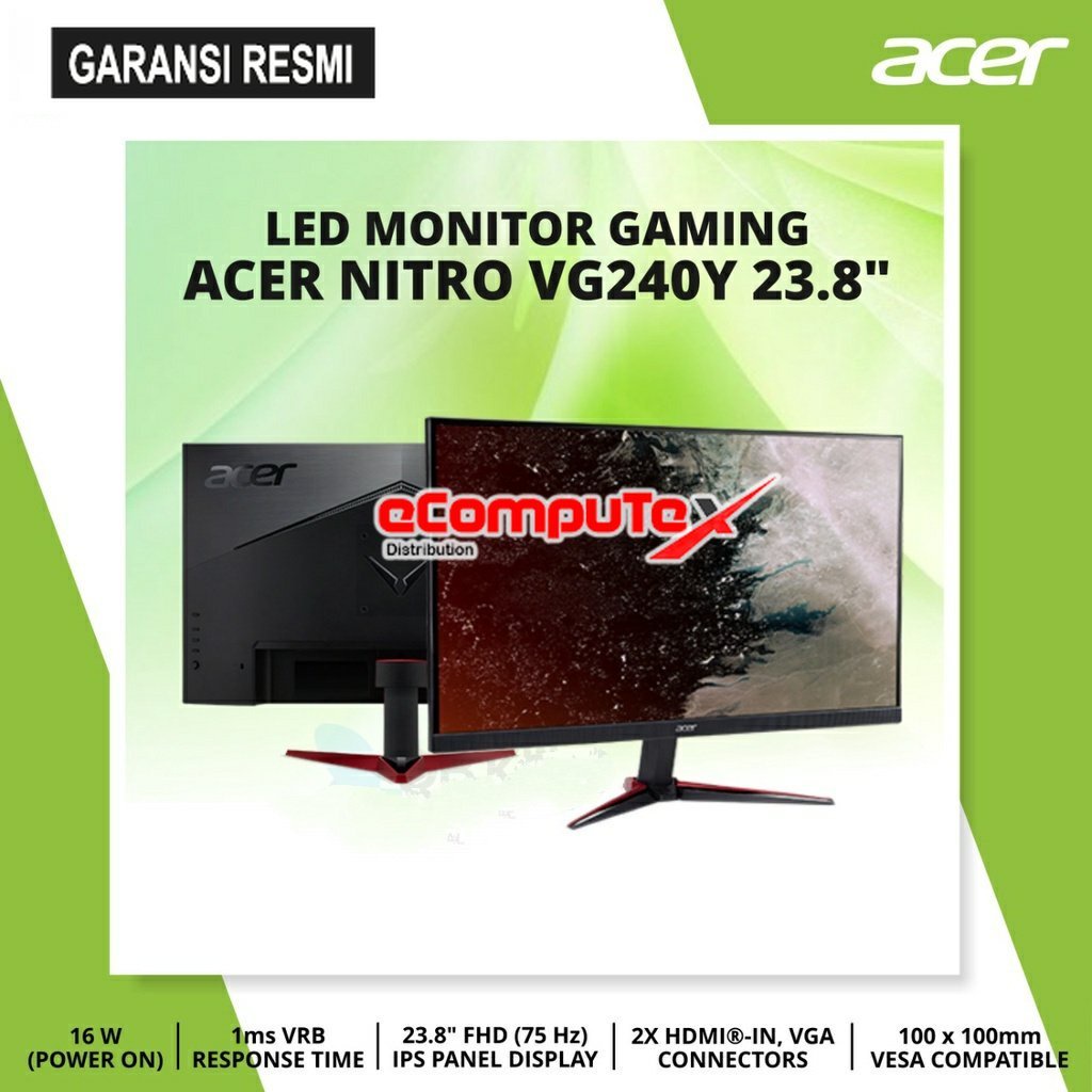 MONITOR LED ACER NITRO VG240Y 23.8&quot; INCH FHD IPS 75Hz INPUT SIGNAL 2 HDMI + VGA + SPK + AUDIO OUT GARANSI RESMI