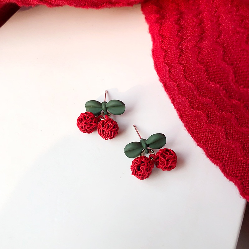 S925 Perak Jarum Lucu Cherry Anting Temperamen Perempuan Warna Kontras Desain Anting Anting Tahun Baru Gaya Baru Trendi