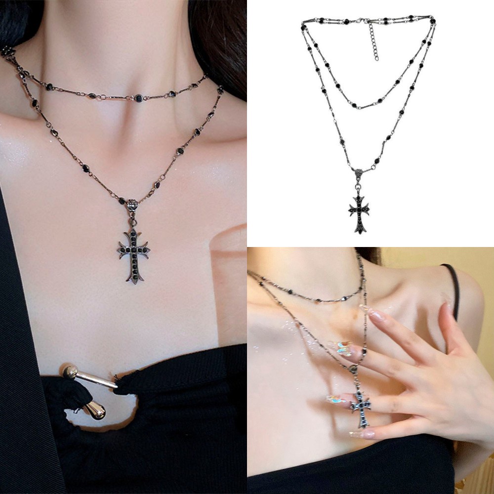 Y2k Double-layer Cross Pendant Kalung Wanita Gadis Kepribadian Panjang Manik-Manik Klavikula Rantai Perhiasan