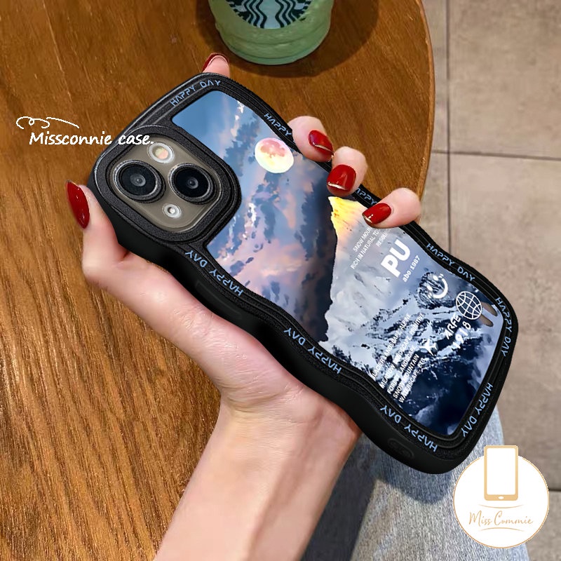 IPHONE Couple Case Kompatibel Untuk Iphone11 14 12 13 Pro Max 7Plus XR X XS Max 7 6 6s 8 14 Plus SE 2020 Fantasi Matahari Salju Gunung Lembut Tpu Bergelombang Tepi Smile Phone Cover