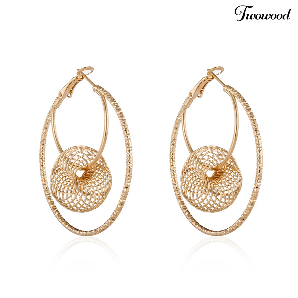 Twowood 1pasang Anting Hoop Double-layer Berlebihan Kepribadian Geometris Berongga Logam Lingkaran Anting Perhiasan Fashion