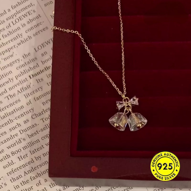 S925 Perak Kristal Busur Bell Kalung Manis Elegance Pendant U1591