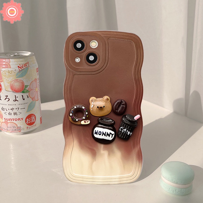 IPHONE Mainan Kartun 3D Lucu Beruang Kopi Donat Case Kompatibel Untuk Iphone11 7 8 Plus XR 13 12 14 Pro Max 6s 6x XS Max14 Plus SE 2020 Gradiasi Coklat Tepi Bergelombang Lembut TPU Cover