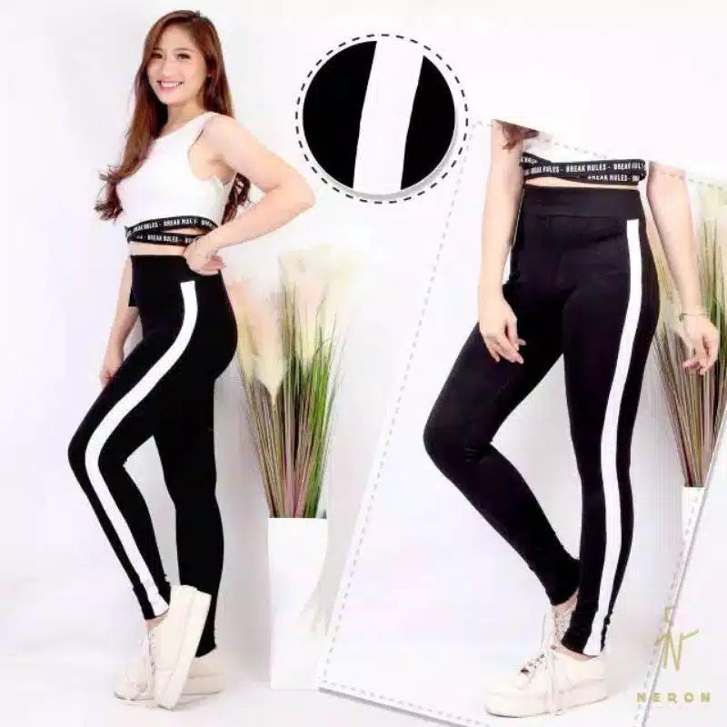 Legging Strip Wanita List Putih Standar Jumbo Celana Senam
