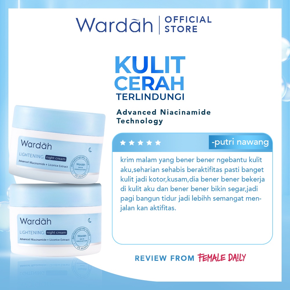 WARDAH Lightening Night Cream Indonesia / Pelembab Wajah 20ml 30g / Advanced Niacinamide + Licorice Extract / With Blue Light Protection / For All Skin Types Menyamarkan Bekas Jerawat Melembabkan Moisturizer Skincare Face Care Series / Krim Muka Malam Day