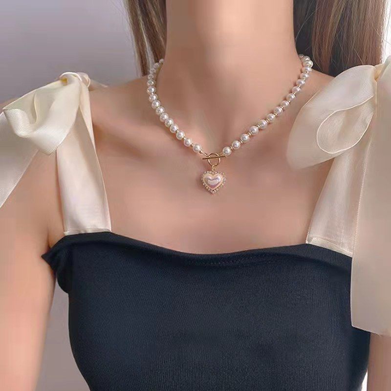 Korea Fashion Berlian Imitasi Bertatahkan Imtasi Mutiara Cinta Hati Liontin Kalung Manik-Manik Elegan Perhiasan Untuk Wanita