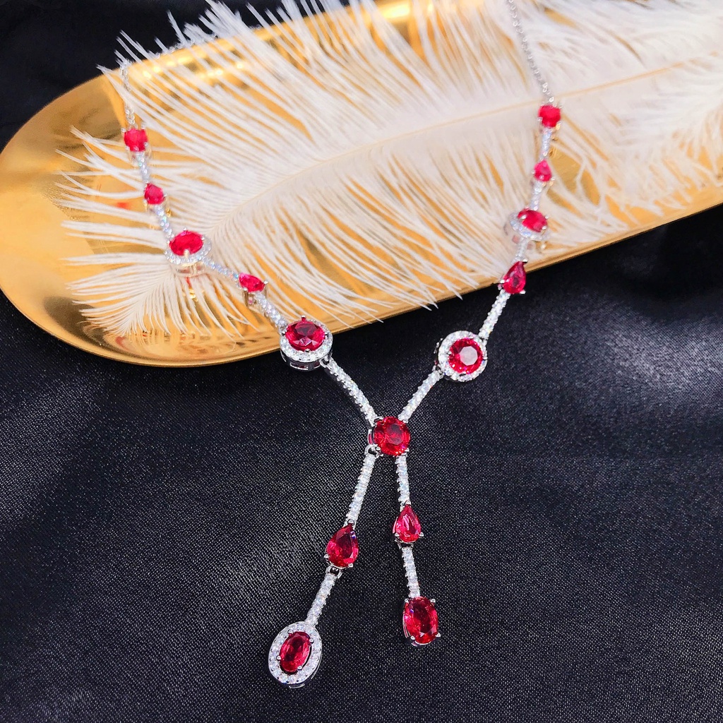 Goldkingdom Aksesoris Perhiasan Fashion Ready Stock Mozambik Merpati Darah Ruby Kalung Set Desain Berat Kalung Geometris