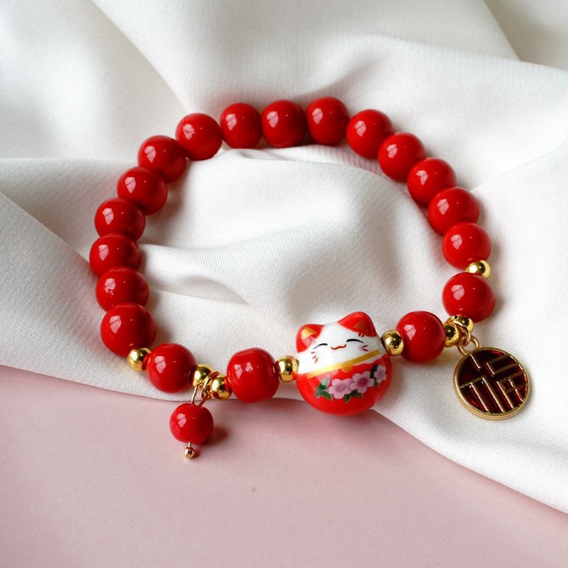 Manik-manik Merah Kontrak Gelang Keramik Tali Tenun Tangan Manik-Manik Plutus Cat Stretch Bracelet