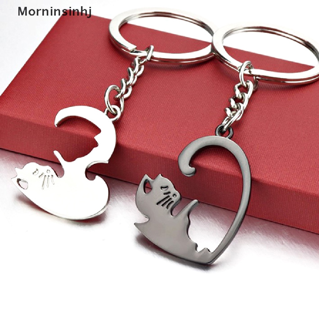 Mornin 2pcs Lucu Kucing Hitam Gantungan Kunci Patchwork Hati Bulat Pasangan Pecinta Keyring Stainless Steel Ransel Kunci Mobil Gantungan Perhiasan id