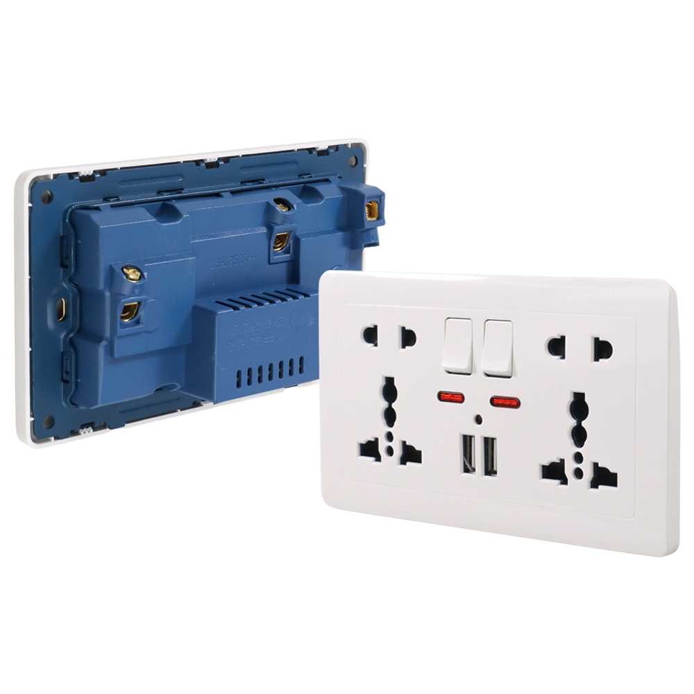 (BISA COD) FTIHSHP Wallpad Stop Kontak Universal UK EU US 2 Slot with 2 USB On/Off Switch - LC-86