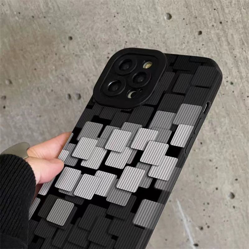 IPHONE [Kulit Domba] Soft Case Grid Hitam Dan Putih Stereoskopik Untuk Iphone7Plus8 Plus X XS XR XS Max 11 13 12 14 PRO Max 14 Plus Fashion Wanita Casing Ponsel Kamera Melindungi