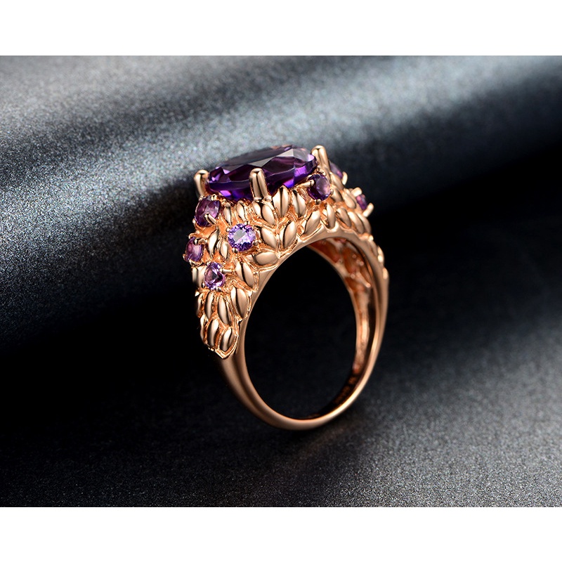 Goldkingdom Fashion Perhiasan Aksesoris Ready Stock Baru Eropa Dan Amerika Mewah Sintetis Amethyst Cincin Wanita Berlapis Emas Asli Kadar 375 18K Berwarna Batu Permata Cincin