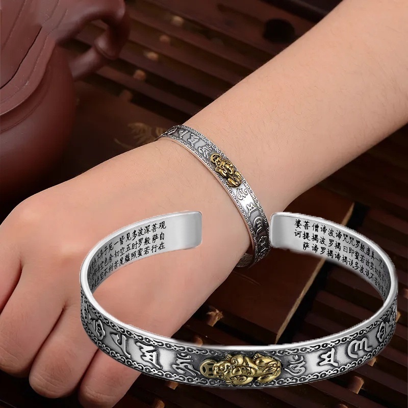 Pixiu Kekayaan Keberuntungan Pesona Gelang Terbuka Untuk Pasangan/Wanita Pria Vintage Perak Enam Karakter Truth Adjustable Bangle