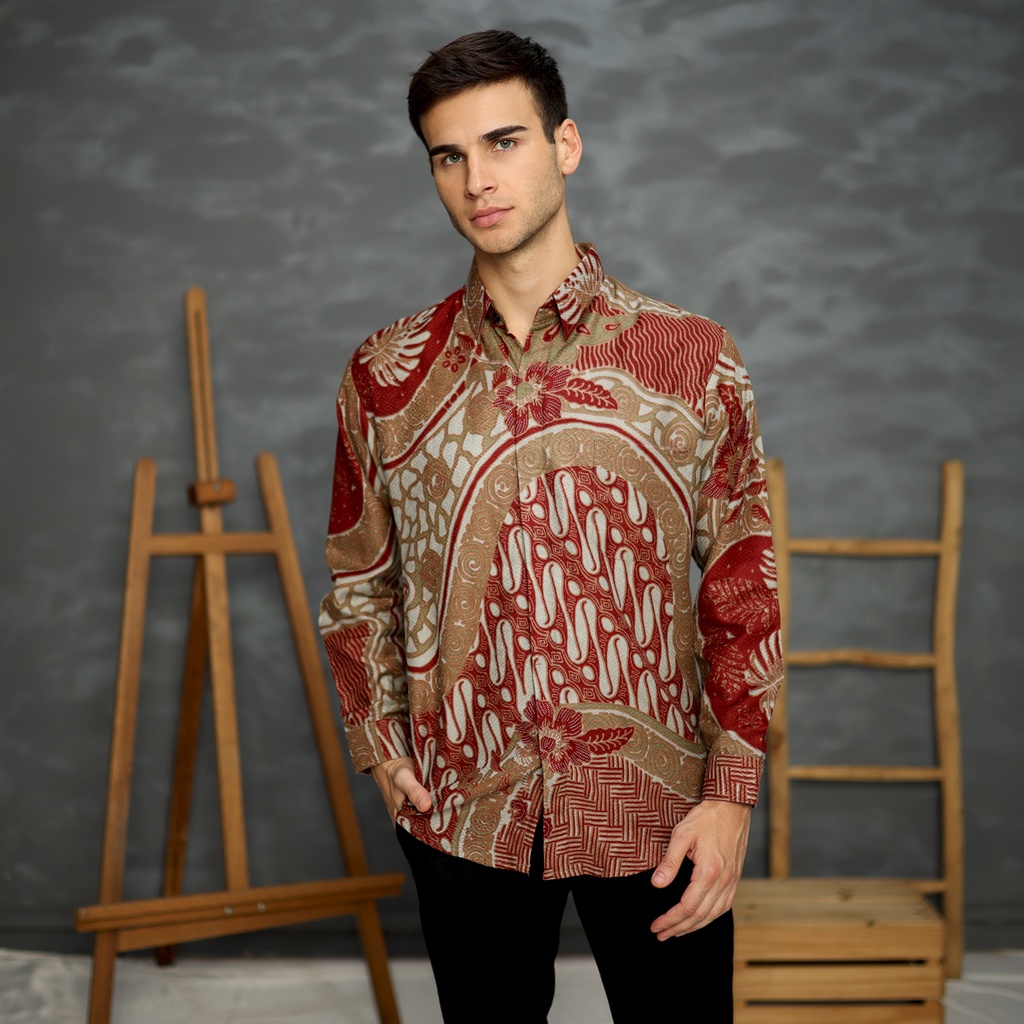 BAJU BATIK COUPLE Kemeja Rok Lilit Jena Instan Batik Pria Lengan Panjang Slimfit Premium Parang Roll Merah Maroon 723248 Cap 72 - Baju Kemeja Atasan Pakaian Batik Couple Cople Pria Cowok Laki Laki Remaja Keluarga Lengan Panjang Modern Slimfit Premium