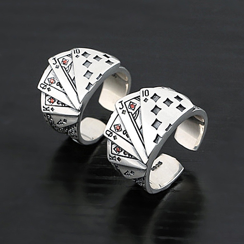 Retro Cincin Kartu Poker Untuk Wanita Pria Lurus Flush Rings Unisex Perhiasan Aksesoris Trendi