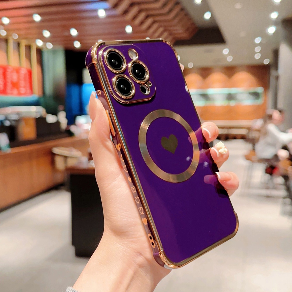 IPHONE Casing Cinta Hati Plating Mewah Untuk Iphone14 13 12 11 Pro Max Plus Magnetic Wireless Charger Lembut Penutup Silikon