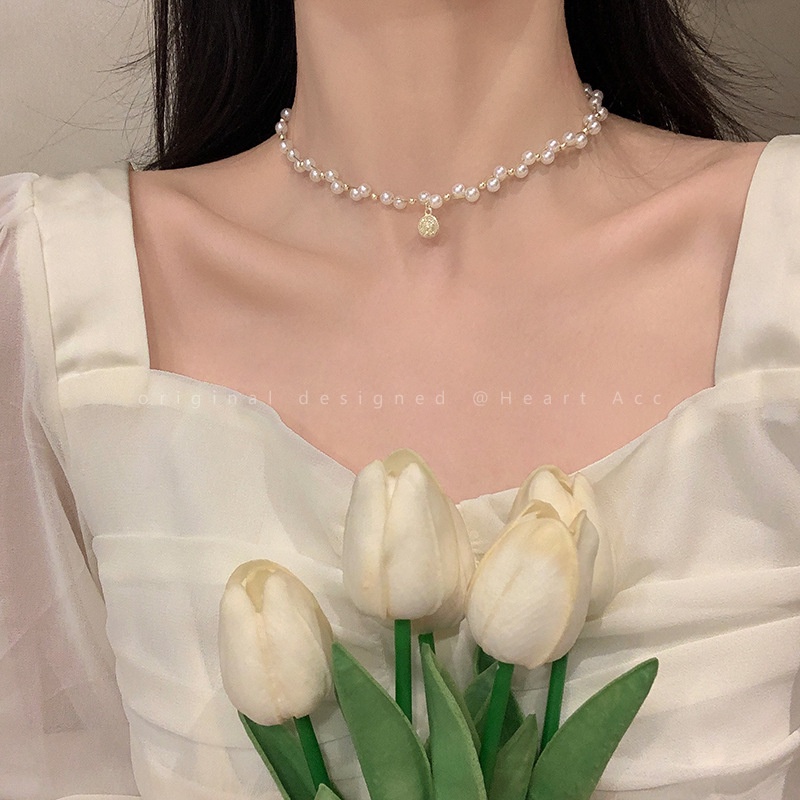 Kalung Liontin Potret Mutiara Vintage Untuk Wanita Rantai Klavikula