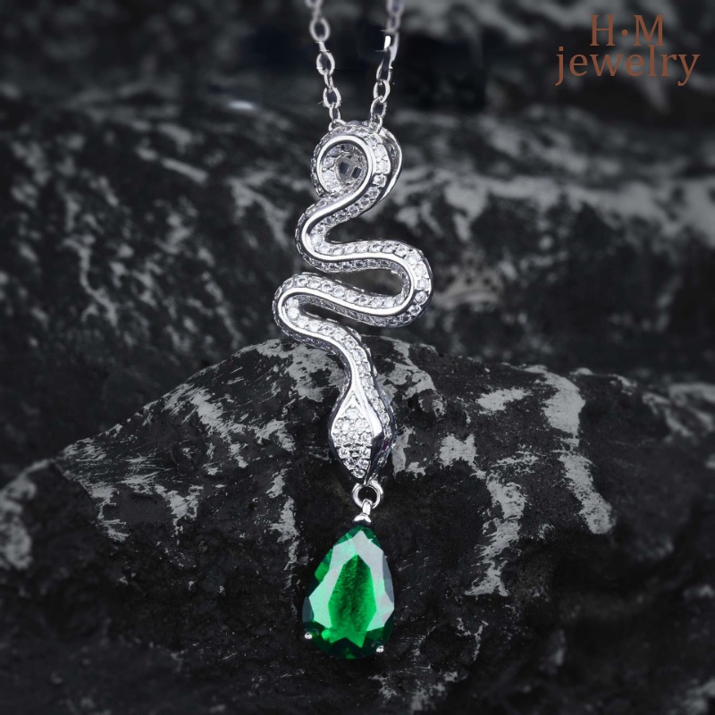 S925 Perak Water Drop Emerald Pendant Kalung Ular