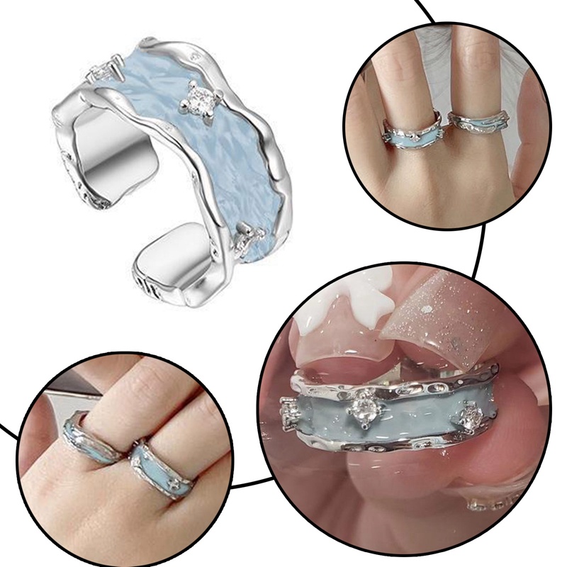 Korea Fashion Geometris Gelombang Enamel Glaze Rings Untuk Wanita Handmade Hias Zircon Open Ring