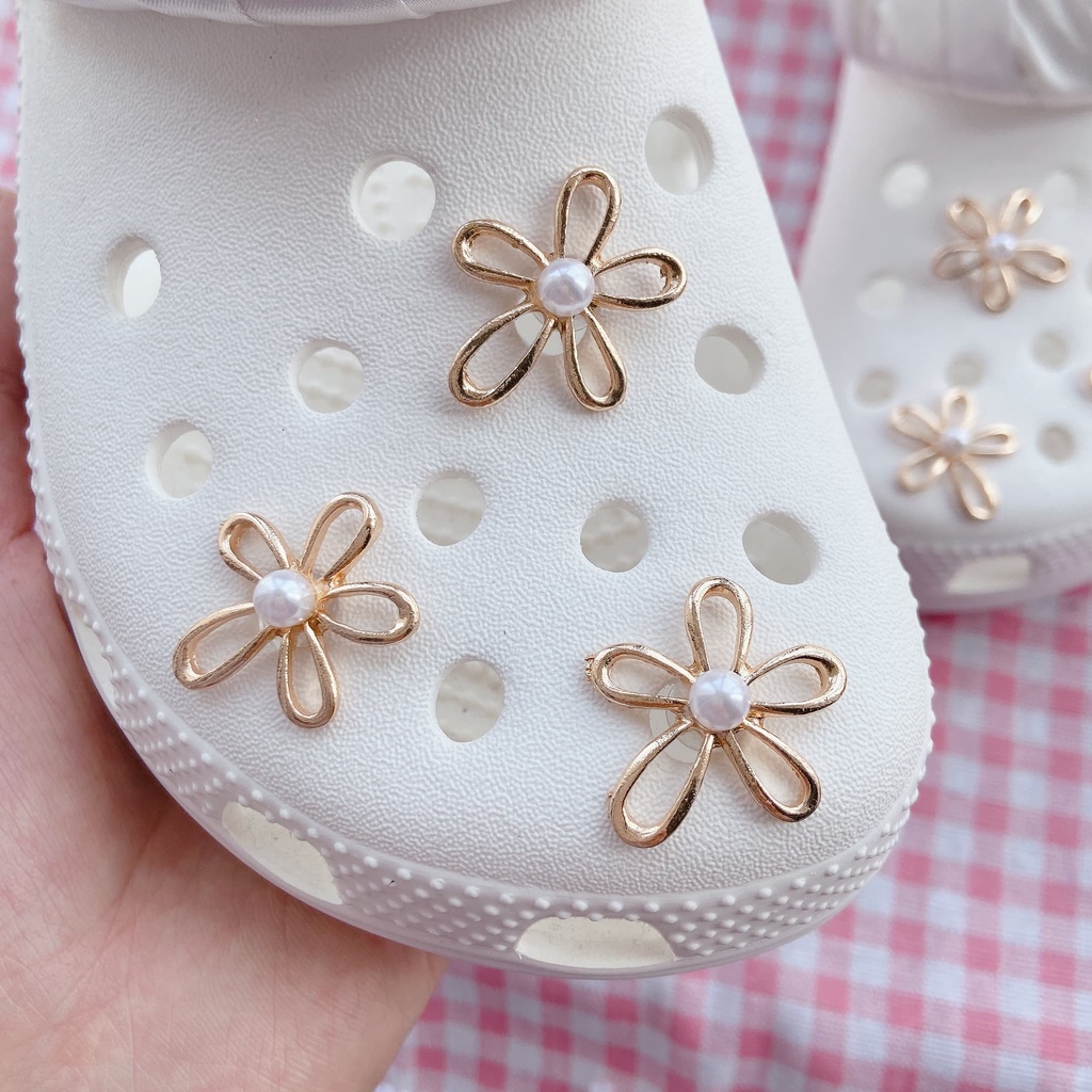 10pcs Pesona Sepatu Metal Pearl Daisy Crocs Jibbitz | Jibbitz Sepatu Crocs Hias Charm Kompatibel Dengan Sandal Untuk Wanita