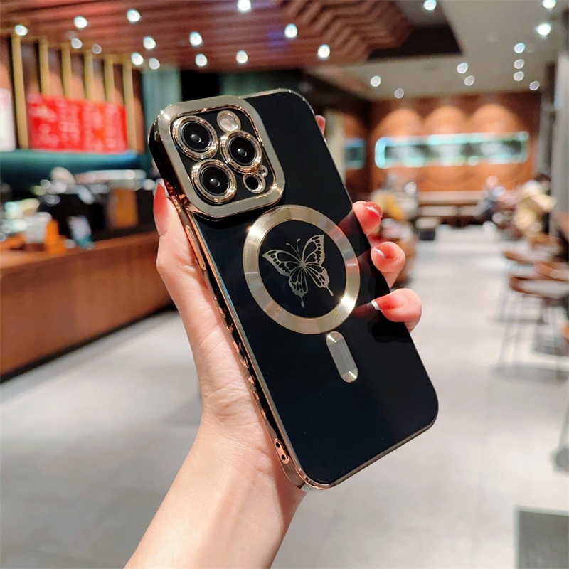 IPHONE Butterfly Wireless Charge Cinta Hati Plating Phone Case Untuk Iphone14 13 12 Pro Max Plus11 Shockproof Lembut TPU Penutup Belakang