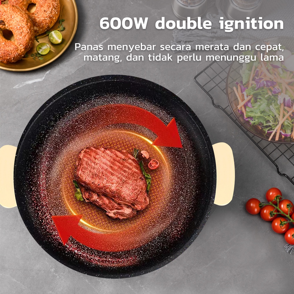 KADONIO Grill Pan Panggangan BBQ Panci Listrik Anti Lengket Kekuatan Api Ganda Bagian Bawah Pembuangan Panas KL-BQ01