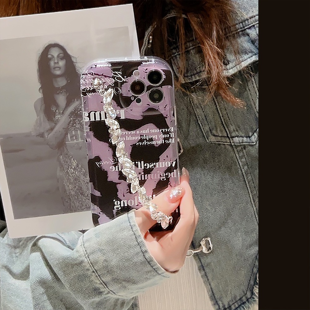 IPHONE Wanita Ungu Warna Campur Doodle Manik-Manik Berlian Imitasi Anti Hilang Rantai Ponsel Case Shockproof Soft Cover Untuk Iphone11 12 13 14 PLUS PRO MAX