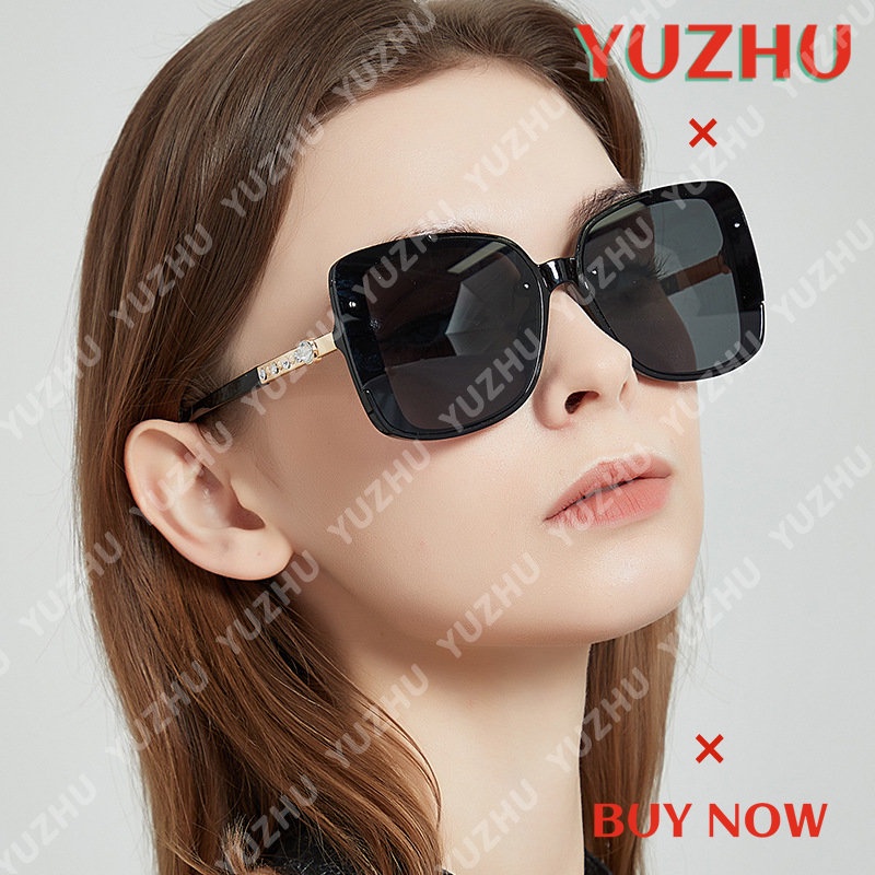 (YUZHU) Oversized Square Frame Diamond Temple Sunglasses Women Western Fashion Metal Temple Sunglasses