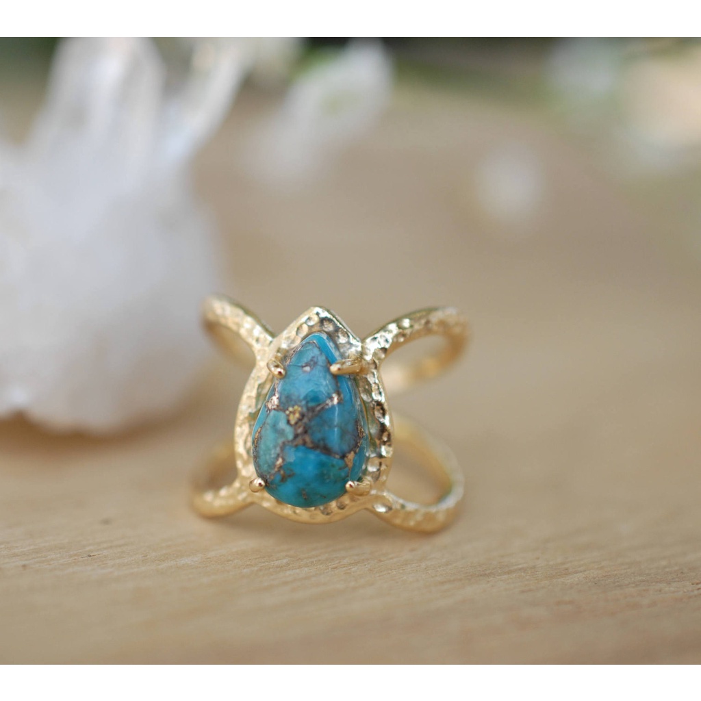 Goldkingdom Fashion Perhiasan Aksesoris Ready Stock Eropa Dan Amerika Mewah Bertatahkan Tetesan Air Pear Shaped Turquoise Ring Untuk Wanita Pesta Pertunangan Ring