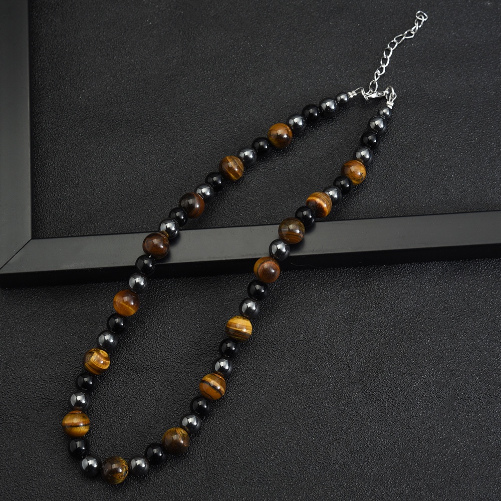 Kalung Manik-Manik Tiger Eye Vintage Pria/Kalung Obsidian Sederhana/Kalung Rantai Panjang/Kalung Choker Basic Sehari Hari/Aksesoris Perhiasan