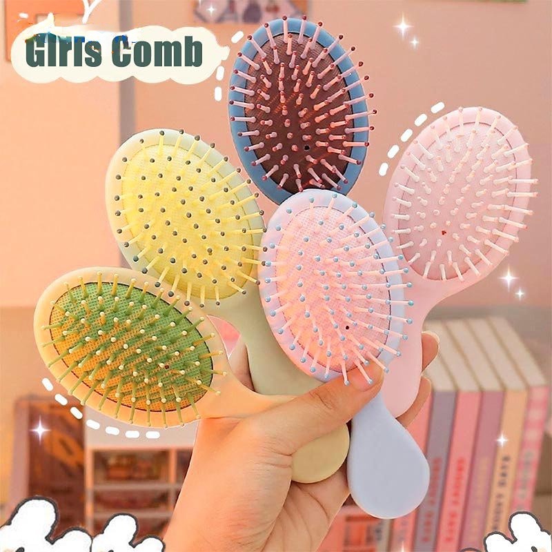 [Unggulan] Pijat Sederhana Sisir Bantal Udara Alat Perawatan Rambut Harian Untuk Wanita 2-In-1 Sisir Rambut Lipat Flip Mini Cermin Pola Tiga Dimensi Yang Lucu Air Cushion Comb