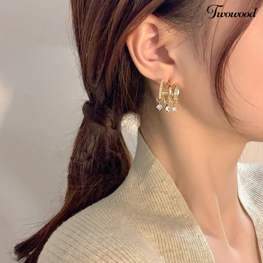 Twowood 1pasang Anting Hoop Multi-layer Geometris Glitter Mutiara Imitasi Hias Berlian Imitasi Stud Earrings Perhiasan Aksesori