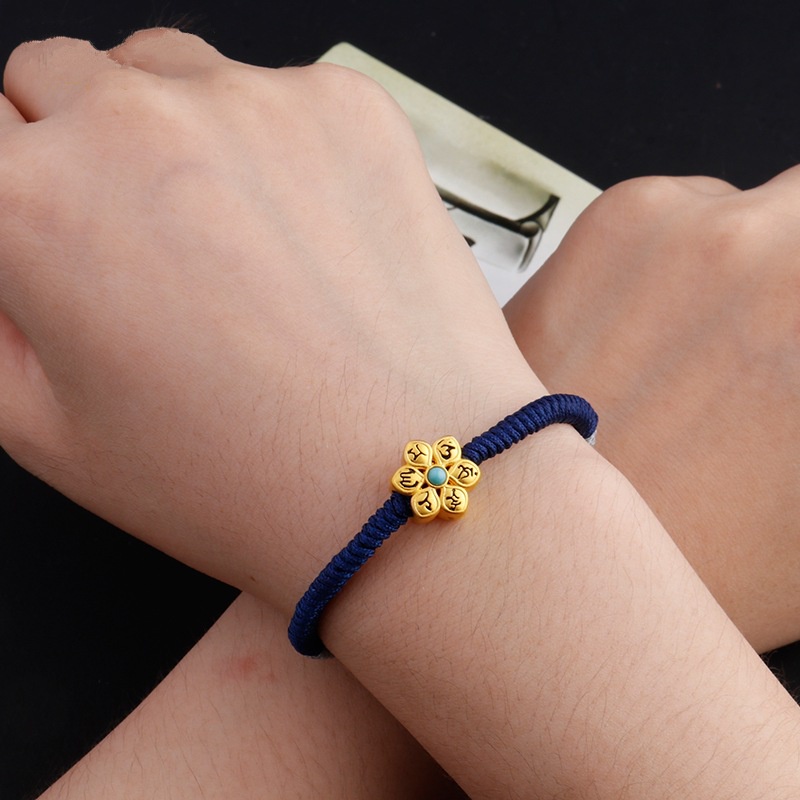 Goldkingdom Aksesoris Perhiasan Fashion Ready Stock Lao Placer Lapis Emas Asli Kadar 375 Gold Enam Karakter Mantra Transportasi Manik-Manik 3D Lapis Emas Asli Kadar 375 Hati Meridian Bless Pingan Lutong Gelang