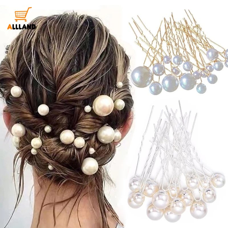 16pcs Jepit Rambut Mutiara Imitasi Elegan/Klip Logam Mutiara Berbentuk U Sederhana/Tiara Pengantin Aksesoris Styling Rambut Pernikahan