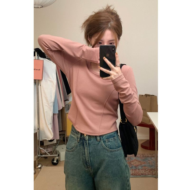 Red Dua Sisi Disikat Lembut Lilin Beludru Kemeja Wanita Musim Gugur dan Musim Dingin Dalam Kerah Persegi Tulang Ikan Tepi Busur lengan Panjang T-shirt Hangat Top