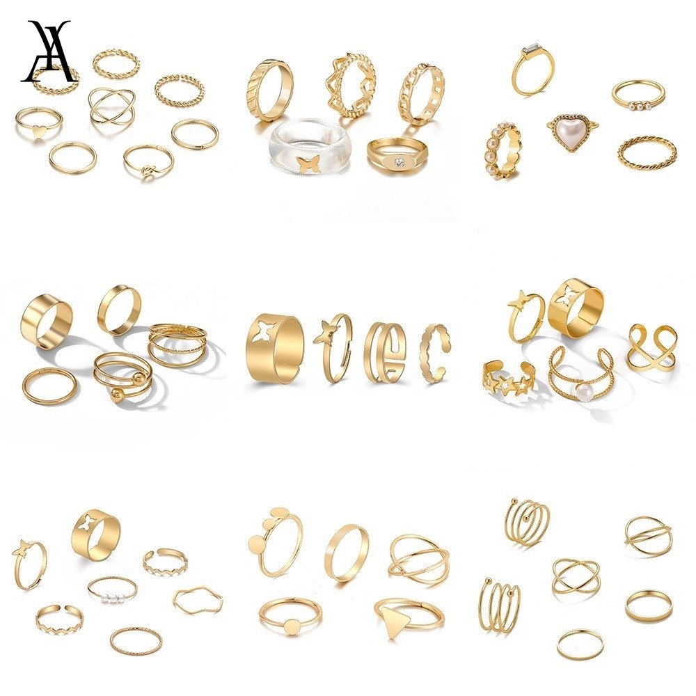 AY(CN) Ifyou Set Cincin Desain Kupu-Kupu Hati Warna Silver / Emas Untuk Wanita