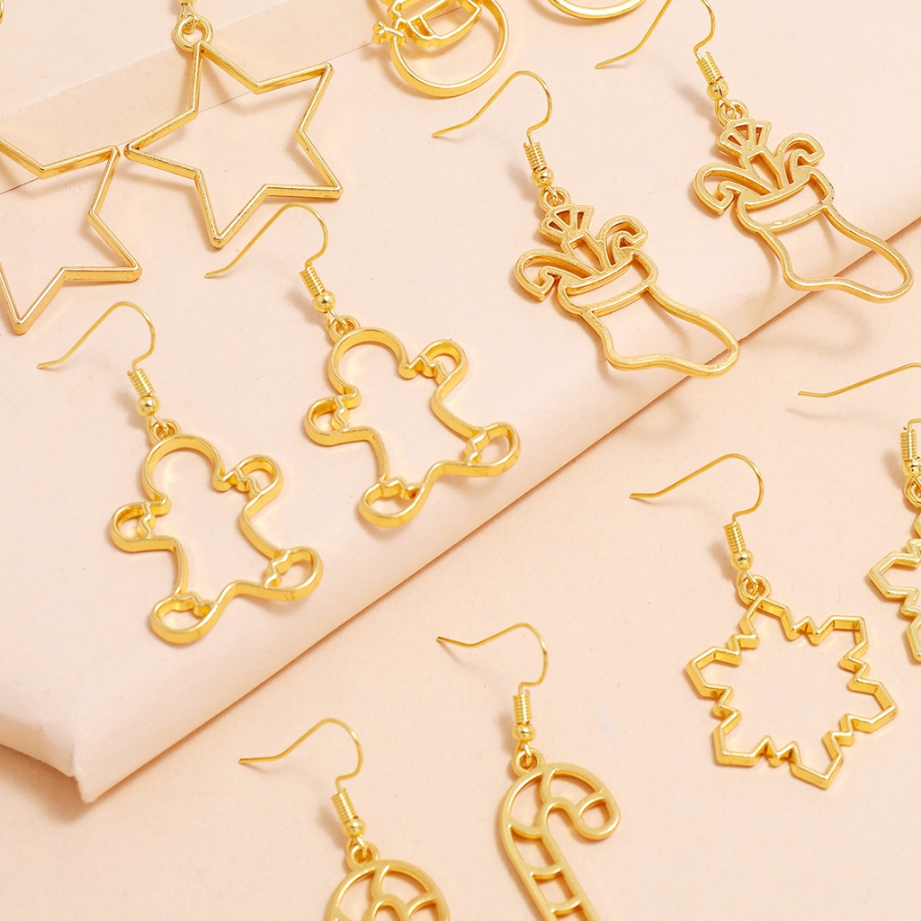 Liburan Indah Natal Seri Anting-Anting Berongga-out Bintang Emas Snowflake Snowman Natal Stoking Liontin Anting-Anting 6pasang