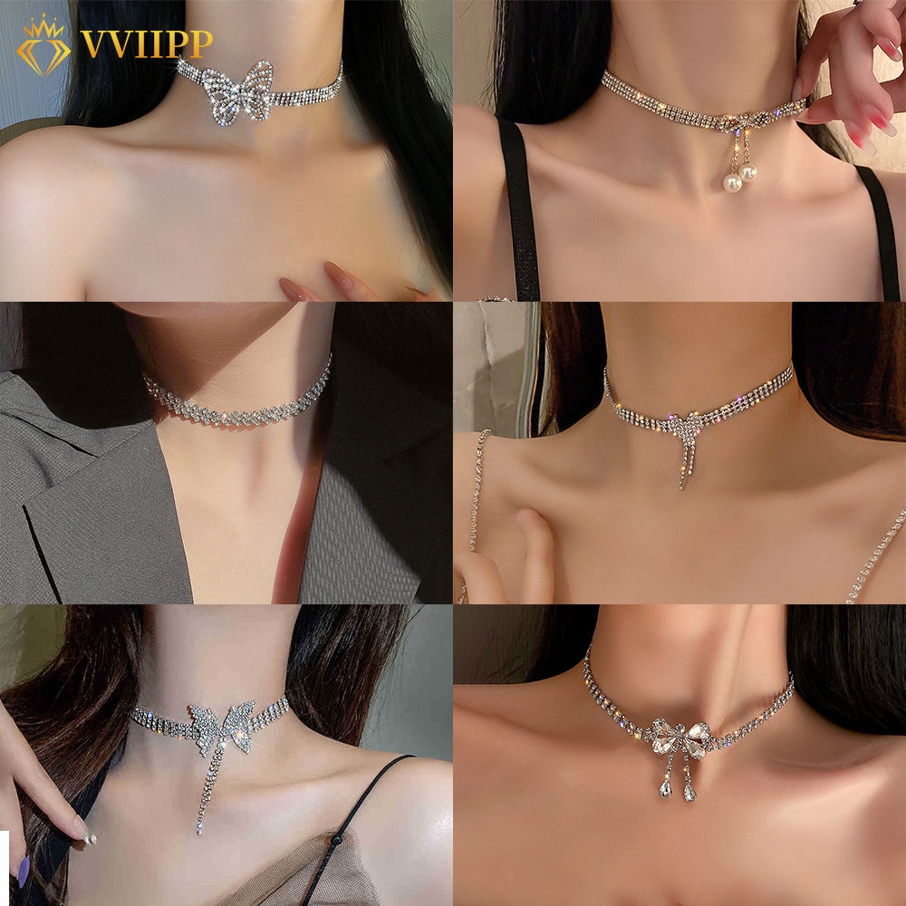 Kalung Rantai Klavikula Kristal Mewah Butterfly Heart Bow Pearl Silver Choker Untuk Aksesoris Perhiasan Wanita